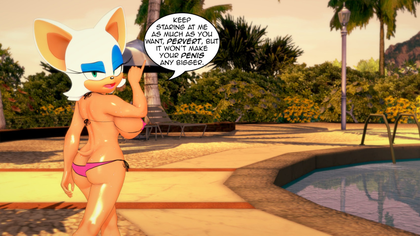 anthro ass bat_girl big_breasts bikini bikini_bottom bikini_top dialogue insulting_viewer misunderstoodsecrets petite pink_bikini pinky_out pool rouge_the_bat sega small_ass small_penis_humiliation sonic_(series) sonic_the_hedgehog_(series) tail talking_to_viewer tan_body