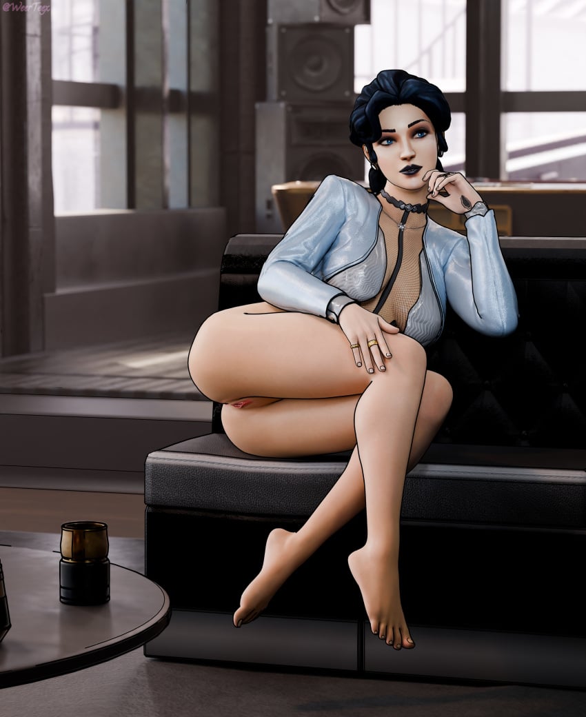 blender_(software) blue_eyes blue_hair bottomless crossover cyberpunk_2077 female female_only pussy_peek snow_white_(the_wolf_among_us) telltale_games the_wolf_among_us weerteex