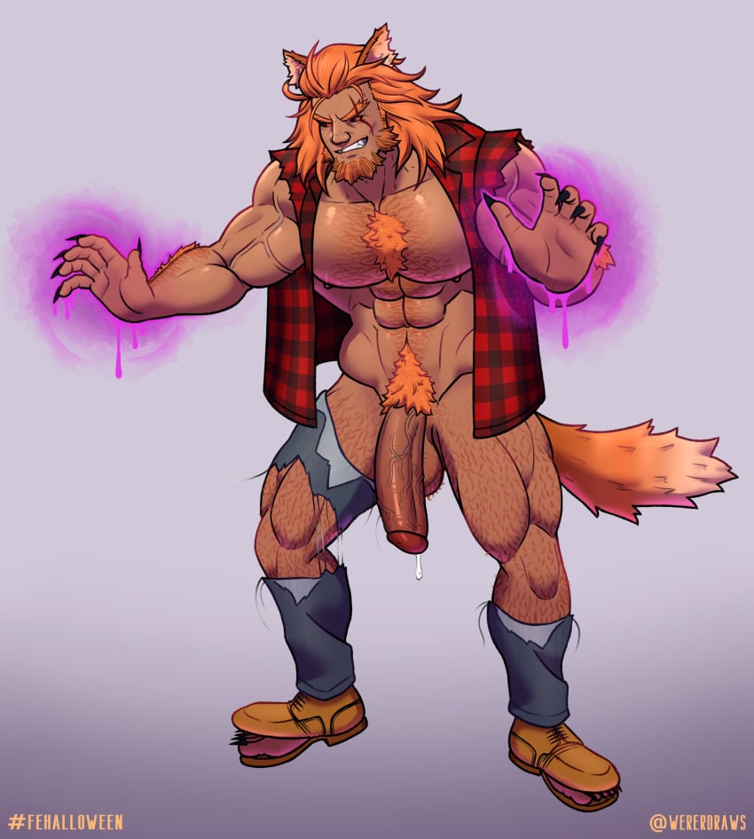 animal_ears balls bara beard big_penis body_hair facial_hair fire_emblem fire_emblem_heroes flaccid halloween looking_at_viewer male male_only muscles muscular nintendo penis ripped_clothing solo solo_male surtr_(fire_emblem) wererdraws werewolf