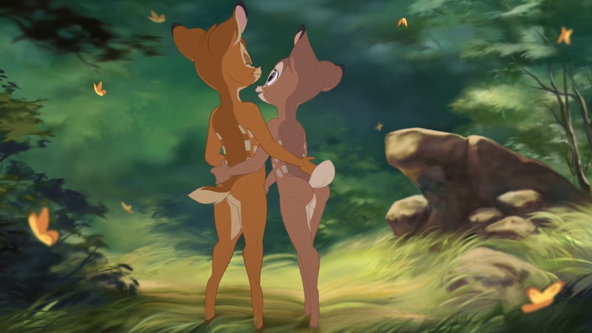 bambi_(character) bambi_(film) casual_nudity cub faline handjob implied_handjob nature_background nudity white_tailed_deer