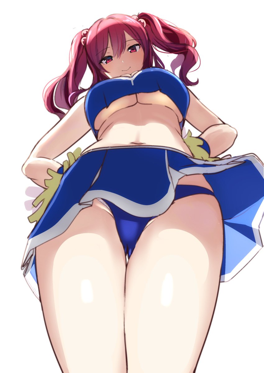 1girls absurdres amisu blue_panties blue_skirt breasts cheerleader female from_below gluteal_fold hair_between_eyes hair_bobbles hair_ornament hands_on_own_hips highres komachi_onozuka large_breasts long_hair looking_at_viewer looking_down midriff navel one-hour_drawing_challenge onozuka_komachi onozuka_komachi_(happy-to-listen_cheer-up_guide) panties pom_pom_(cheerleading) red_eyes red_hair sidelocks simple_background skirt sleeveless smile solo standing tagme thighs touhou touhou_lost_word twintails two_side_up underboob underwear upskirt white_background