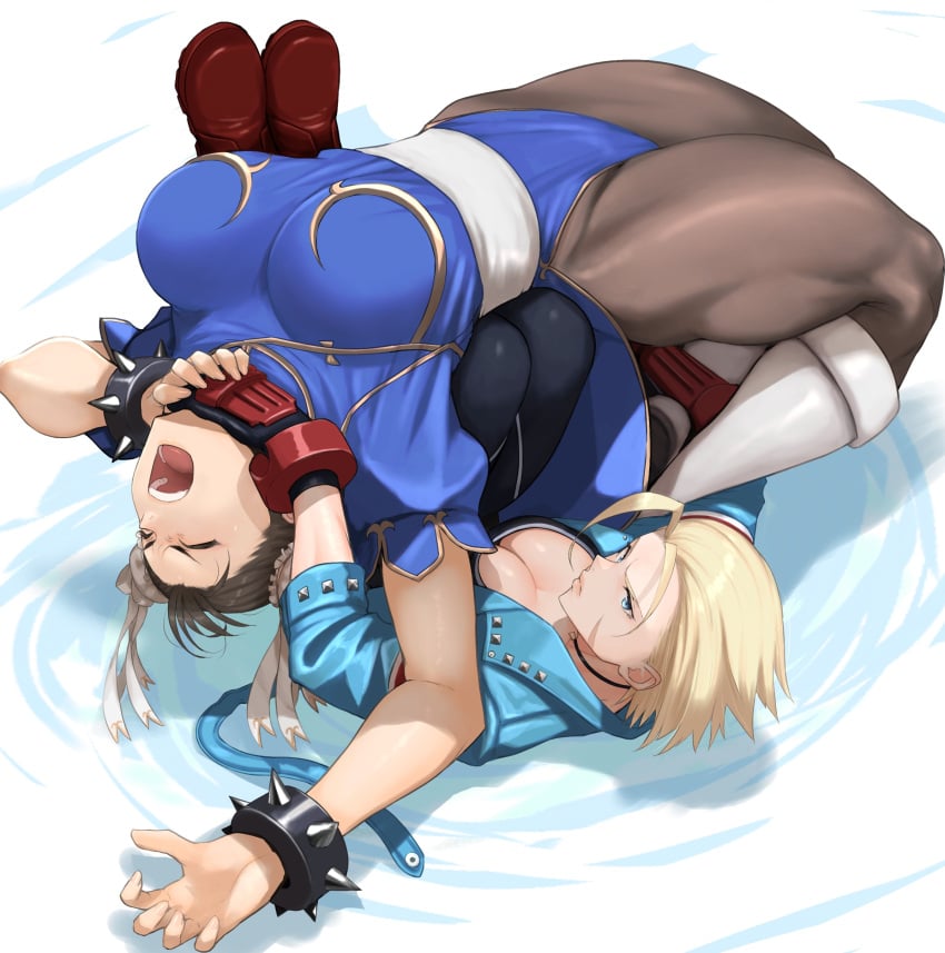 2girls absurdres ahoge backbreaker blonde_hair blue_eyes bracelet breasts brown_hair bun_cover cammy_white catfight china_dress chinese_clothes chun-li closed_eyes double_bun dress earrings female female_only hair_bun highres huge_ahoge human jacket jewelry kineluchs large_breasts multiple_girls muscular muscular_female open_mouth pain pants pantyhose partially_submerged ryona sash scar short_hair spiked_bracelet spikes street_fighter street_fighter_6 studded_bracelet submission_hold surfboard_(wrestling) thighs wrestling