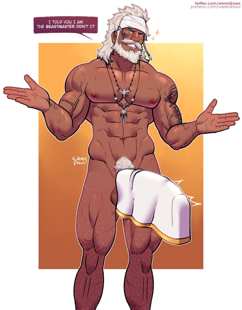 balls bara beard boner english_text erection facial_hair final_fantasy final_fantasy_xiv looking_at_viewer lyon_rem_helsos male male_only muscles muscular nude penis solo solo_male speech_bubble square_enix talking_to_viewer towel towel_on_penis wererdraws