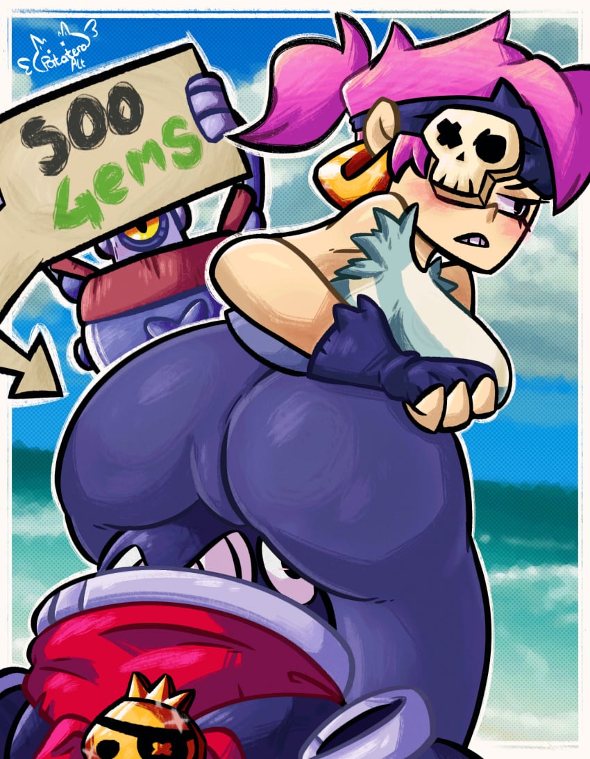 big_ass big_butt blush brawl_stars breasts clothing darryl_(brawl_stars) earrings eyepatch facesitting fingerless_gloves huge_ass looking_back medium_breasts patatero69 penny_(brawl_stars) pirate prostitute prostitution tick_(brawl_stars)