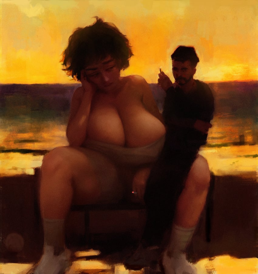 1boy 1girls beach big_breasts breasts clothed clothed_female clothed_male female giantess height_difference huge_breasts isabel_(kazarinka) kazarinka_(artist) larger_female male mini_giantess pale-skinned_female pale_skin size_difference smaller_male sunset thick_thighs thighs