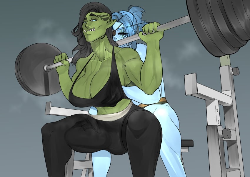 athletic athletic_female athletic_futanari barbell biceps black_hair blue_body blue_hair blue_skin boob_grab breast_grab breasts brothbowl bulge bulge_grab bulge_through_clothing catias colored_skin elf elf_ears elf_female eye_patch face_tattoo fit fit_female fit_futanari fitness futanari green_body green_skin gym gym_clothes gym_clothing handjob muscles muscular_female night_elf night_elf_female orc orc_(warcraft) orc_futanari ponytail sports_bra spotting squatting sweating tattoo tattoos thighs working_out workout workout_clothes world_of_warcraft yoga_pants