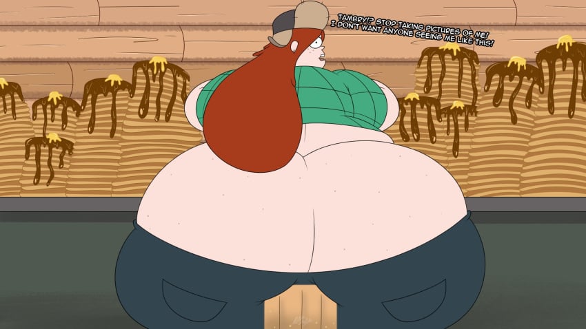 1girls alternate_version_available altzegoz_(artist) ass ass_overhang back_view bbw big_ass fat fat_ass female gravity_falls huge_ass hyper_ass looking_at_viewer obese overweight pancakes red_hair talking_to_another talking_to_viewer tambry text unseen_character wendy_corduroy