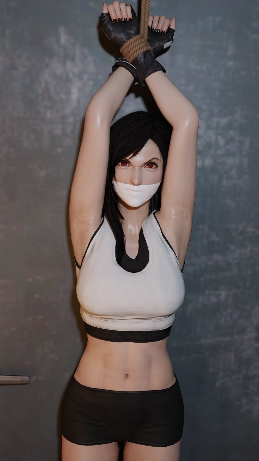 1girls 3d angry_face armpits arms_above_head belly_button black_hair blender bondage female female_focus female_only final_fantasy final_fantasy_vii fingerless_gloves microfoam_tape navel red_eyes rope rope_bondage sports_shorts tank_top tape_gag taped_mouth theblendertaper tifa_lockhart underwear