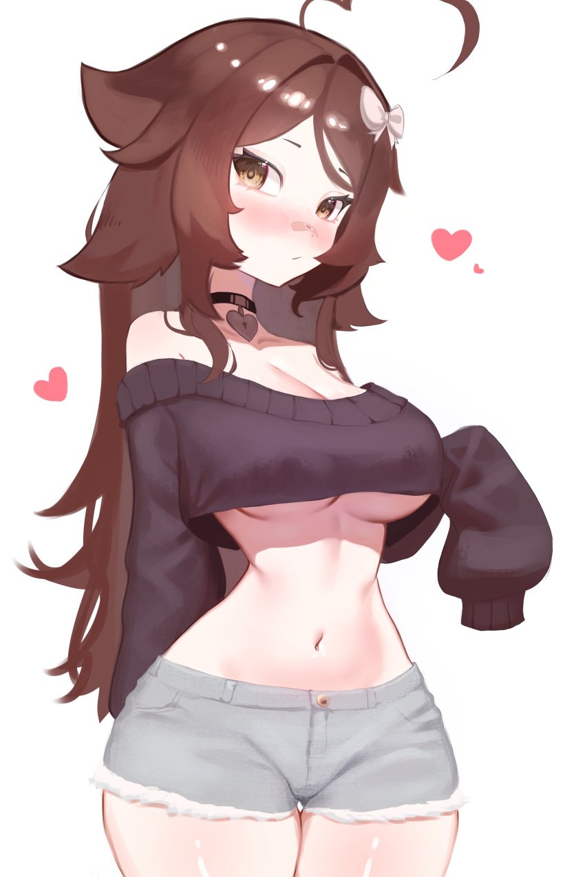 1girls belly belly_button blush breasts brown_hair cleavage clothed clothing collar crop_top eyebrows eyelashes eyes female female_focus female_only first_post_of_artist hair heart hips sa7ella underboob wide_hips