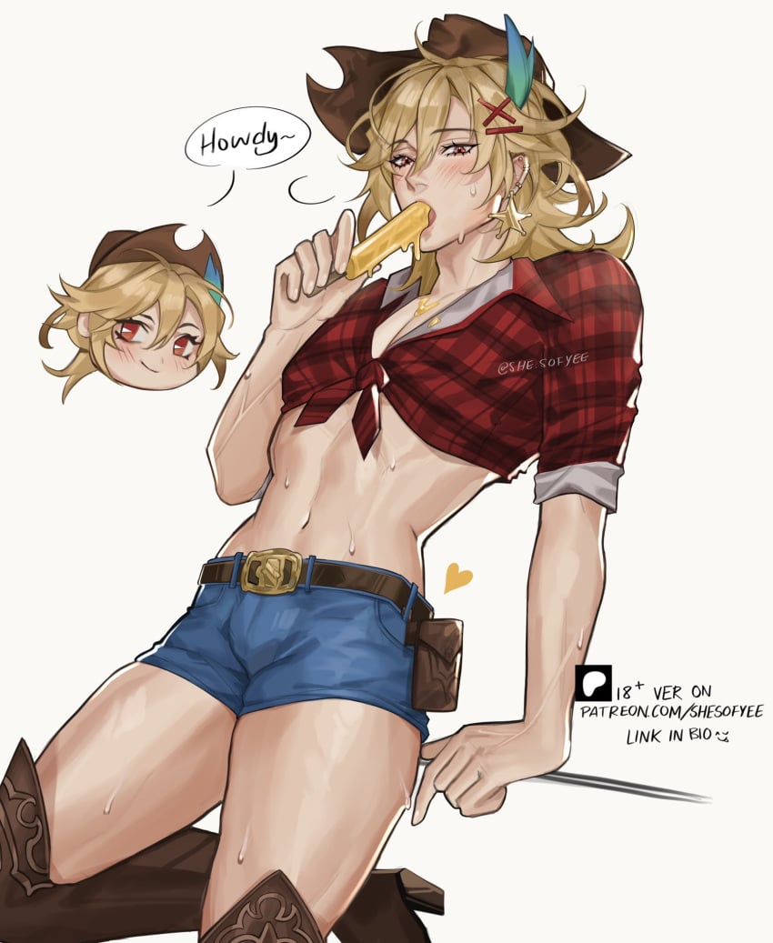 1boy blonde_hair blonde_male blush blush_lines boots booty_shorts clothing cowboy_hat cowgirl_outfit earrings exposed_stomach eyelashes femboy genshin_impact hairclip hi_res highres human kaveh_(genshin_impact) long_eyelashes long_hair paid_reward_available pale_skin popsicle red_eyes shesofyee shorts sucking sucking_popsicle sweat sweatdrop sweating thick_thighs thin_waist tummy twink yaoi