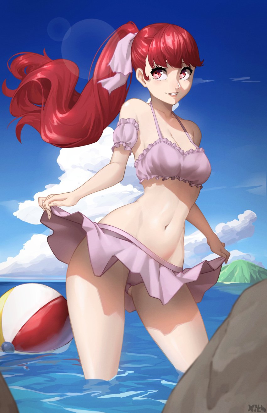 1girls absurdres artist_name ball beachball bikini bikini_skirt blue_sky breasts cloud collarbone commentary english_commentary female floating_hair frilled_bikini frills grin hair_ribbon highres kasumi_yoshizawa lips long_hair looking_away medium_breasts navel ocean outdoors parted_lips partially_submerged persona persona_5 persona_5_royal pink_bikini pink_lips pink_ribbon pink_skirt ponytail red_eyes red_hair ribbon skirt skirt_hold sky smile solo stomach sumire_yoshizawa sunlight swimsuit water x_xith_x