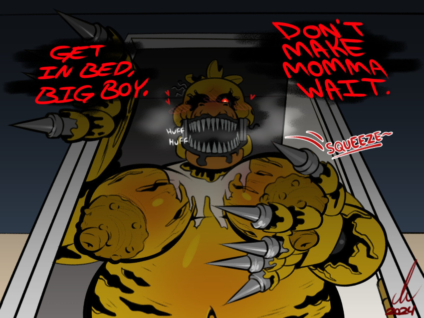 1girls anthro avian bbw big_breasts breasts dialogue fat female five_nights_at_freddy's five_nights_at_freddy's_4 huge_breasts nightmare_chica nightmare_chica_(fnaf) nipples overweight pierump sharp_teeth solo steamy_breath text