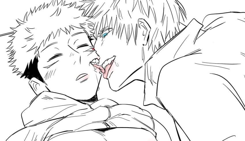 blue_eyes clothed clothed_male crazed_expression crazy_eyes diktdown itadori_yuuji jujutsu_kaisen possession ryoumen_sukuna_(jujutsu_kaisen) saliva satoru_gojo sleeping somnophilia teeth tongue_kiss yaoi