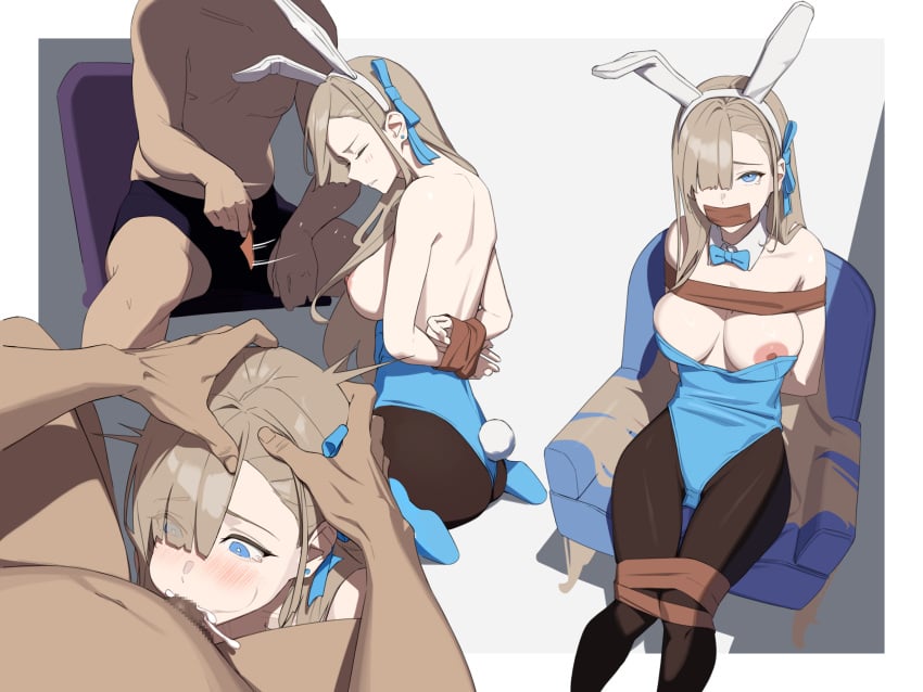 1boy 1girl 1girls animal_ears arms_behind_back asuna_(blue_archive) asuna_(bunny)_(blue_archive) black_legwear black_pantyhose blue_archive blue_eyes blue_footwear blue_leotard blush bound bound_legs bound_wrists bow bowtie breasts cheek_bulge closed_eyes clothing commission cum cum_in_mouth cum_inside deepthroat detached_collar fake_animal_ears fake_tail fellatio female gag hair_over_one_eye hair_ribbon hands_on_another's_head highres improvised_gag legs_together leotard light_brown_hair long_hair male millennium_science_school_student multiple_views nipples no_halo open_mouth oral pantyhose penetration penis pixiv_commission playboy_bunny rabbit_ears rabbit_tail rape restrained ribbon shoes simple_background sitting straight strapless strapless_leotard tail tape tape_gag tears traditional_bowtie very_long_hair wide_eyed wide_hips yoroshinbo