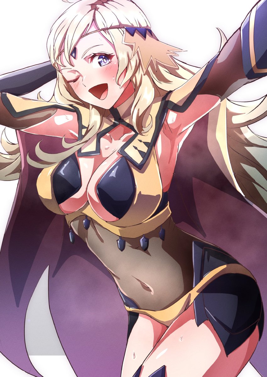 1girls absurdres black_bridal_gauntlets blonde_hair bodystocking breasts bridal_gauntlets circlet cleavage female female_only fire_emblem fire_emblem_fates gold_cape grey_eyes highres large_breasts nintendo open_mouth ophelia_(fire_emblem) panties solo thighhighs to_(tototo_tk) underwear yellow_panties