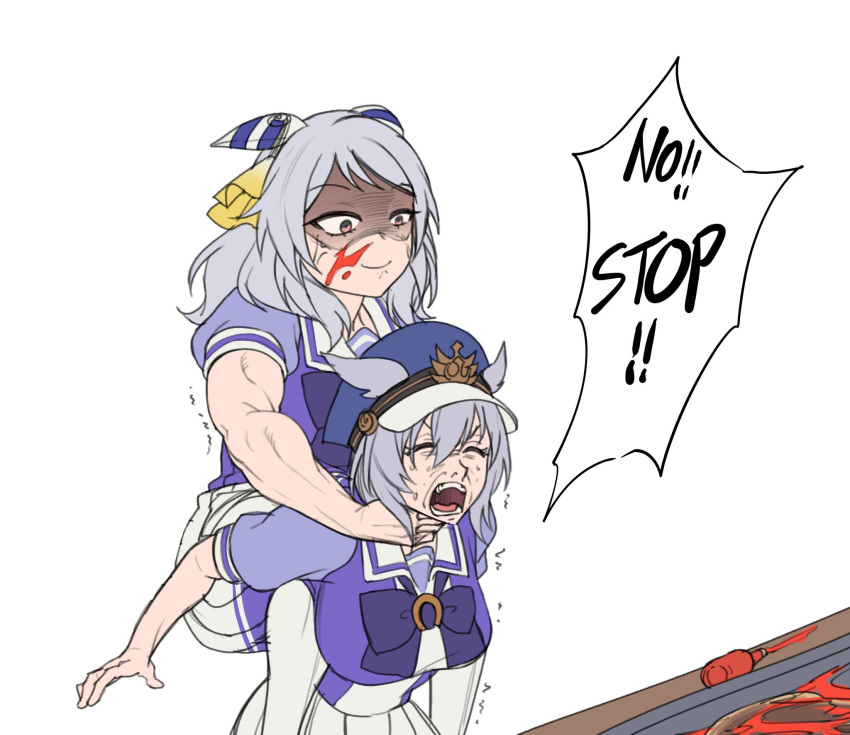 2girls anger_vein animal_ears blue_headwear bow bowtie camel_clutch catfight closed_eyes ear_ornament ears_back ears_through_headwear english_text false_smile food food_on_face fukuro_(maruaru00) genderswap_(mtf) grey_hair grimace hair_between_eyes hat highres hishi_miracle_(umamusume) horse_ears horse_girl hot_plate hot_sauce kurofune_(racehorse) medium_hair military_hat multiple_girls muscular muscular_female okonomiyaki orange_eyes original peaked_cap personification pleated_skirt puffy_short_sleeves puffy_sleeves purple_bow purple_bowtie purple_shirt rule_63 sailor_collar school_uniform shaded_face shirt short_hair short_sleeves shouting skirt smile smirk speech_bubble spill summer_uniform tracen_school_uniform trembling umamusume white_sailor_collar white_skirt wrestling