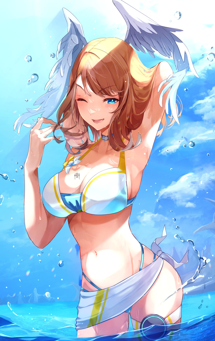 1girls arm_behind_head armpits arms_up bikini blue_eyes breast_tattoo breasts brown_hair cleavage eunie_(xenoblade) highres large_breasts long_hair midriff navel nintendo one_eye_closed risumi_(taka-fallcherryblossom) sarong sensual smile swimsuit swimwear thick_thighs thighs thong_bikini water wet wings wink xenoblade_(series) xenoblade_chronicles_3