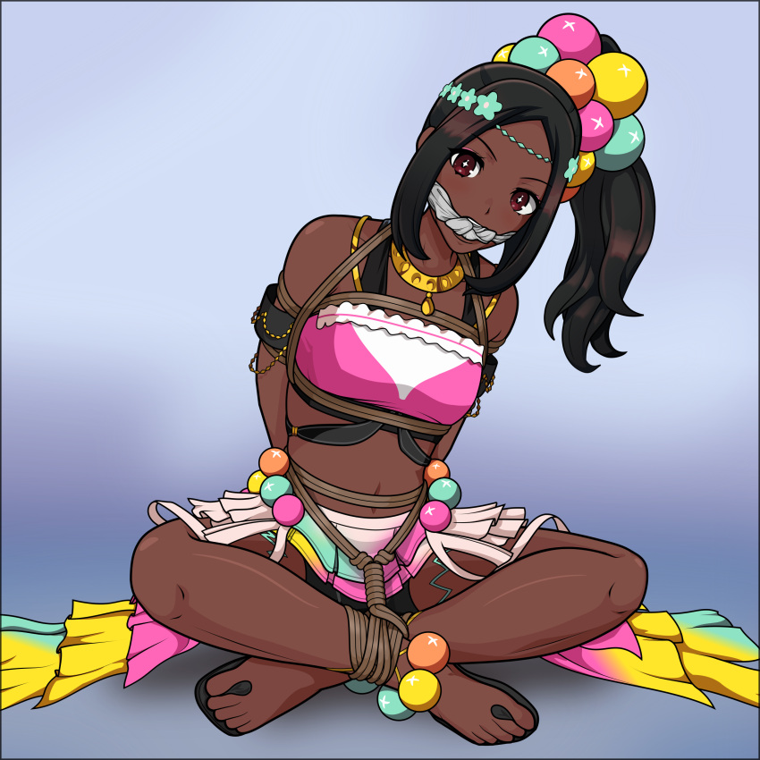 1girls accessory arms_behind_back bare_legs bare_midriff bike_shorts black_hair blue_background bondage bound bound_legs breasts crossed_legs dark-skinned_female dark_skin female female_only femsub fire_emblem fire_emblem_engage gag hair_ornament high_ponytail jewelry just_some_guy legs looking_at_viewer medium_hair midriff necklace nintendo ponytail red_eyes restrained rope rope_bondage sandals shorts side_ponytail skirt small_breasts solo star star-shaped_pupils star_(symbol) symbol-shaped_pupils timerra_(fire_emblem) very_dark_skin