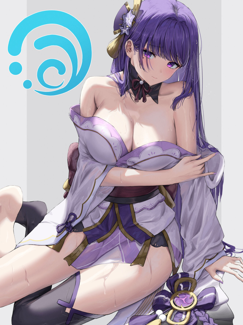 1girls female female_only genshin_impact kimono long_hair looking_at_viewer looking_nervous partially_clothed partially_clothed_female purple_eyes purple_hair raiden_shogun suggestive_clothes tagme_(artist) wet wet_body