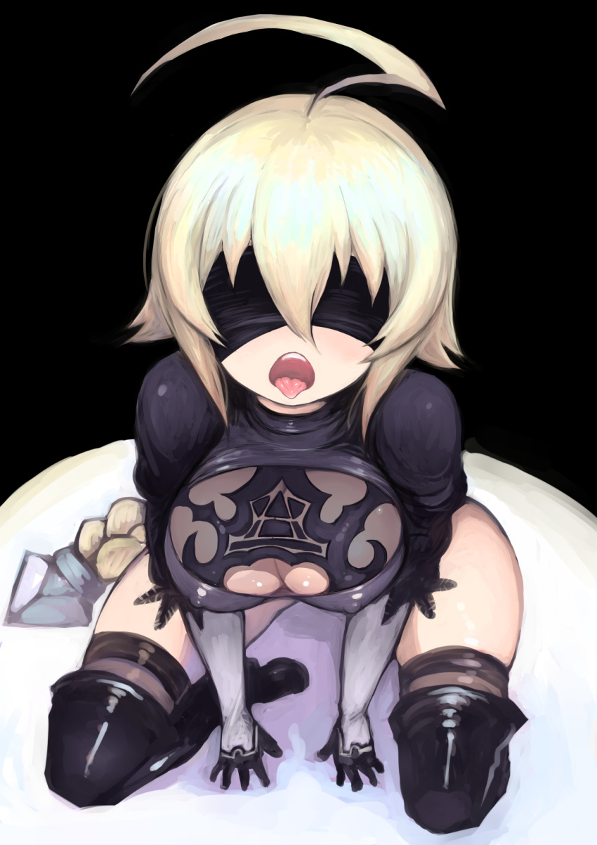 1girls ahoge black_blindfold black_dress black_legwear blazblue blindfold blonde_hair boots braid breasts clothing_cutout cosplay covered_nipples dress es_(xblaze) facing_viewer from_above hair_ornament johan_(johan13) kneeling large_breasts long_hair long_sleeves nier:_automata open_mouth see-through solo_female thigh_boots thigh_highs tongue_out xblaze xblaze_code:_embryo yorha_2b_(cosplay)