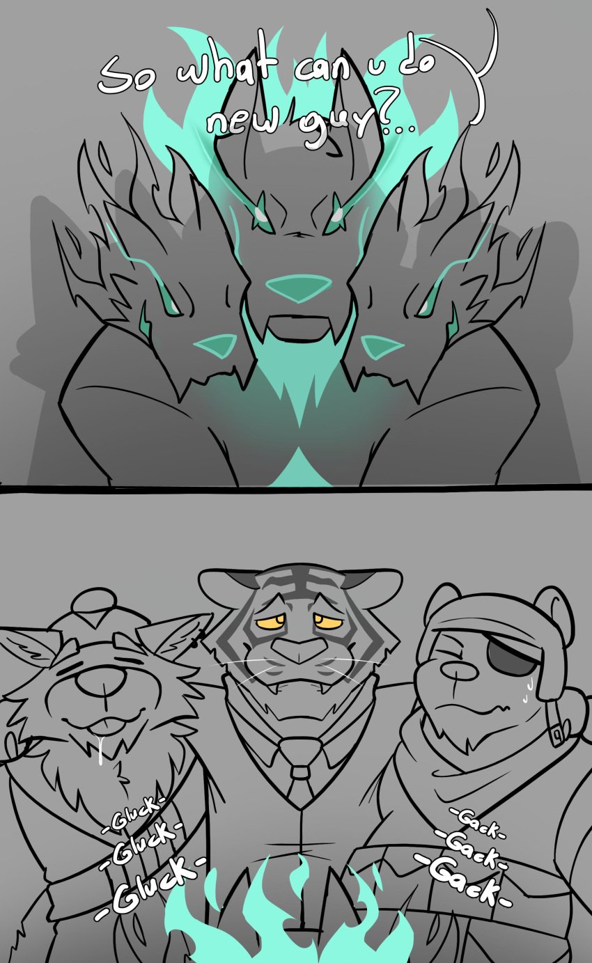 3_heads 4boys anthro bear blowjob blowjob_face canine cerberus cerberus_(fortnite) closed_eyes clothed eye_patch feline fortnite gay giving_head group hat male male/male male_only no_visible_genitalia onomatopoeia oral_sex oscar_(fortnite) polar_patroller saliva sketch smiling suit sweat text tiger vest wendell_(fortnite) wolf yaoi zopilotemenu