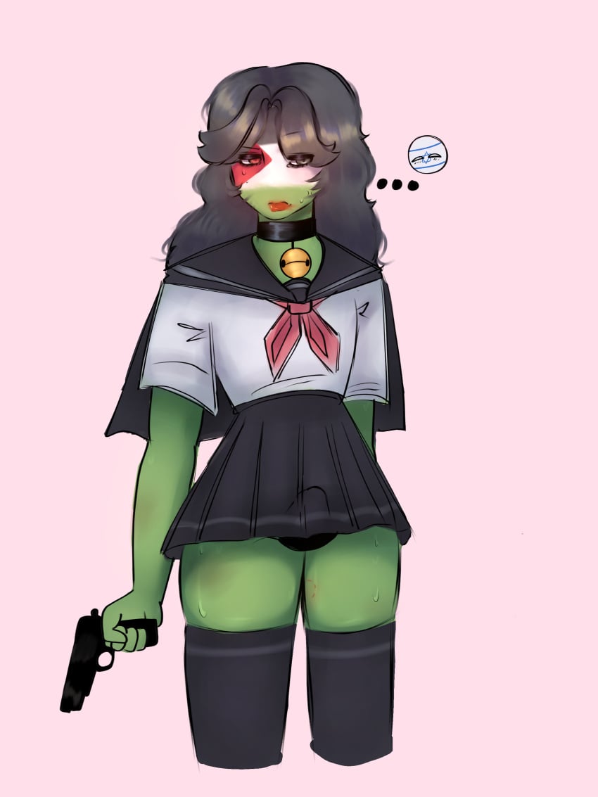 1futa arabian bitemarks black_hair countryhumans cute dress gun israel_(countryhumans) long_hair palestine palestine_(countryhumans) panties skirt trap