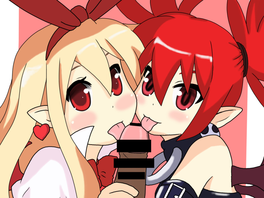 censor_bar disgaea disgaea_1 etna flonne flonne_(fallen_angel) licking_penis maoukouichi multiple_girls nippon_ichi_software penis succubus succubus_costume succubus_tail succubus_wings