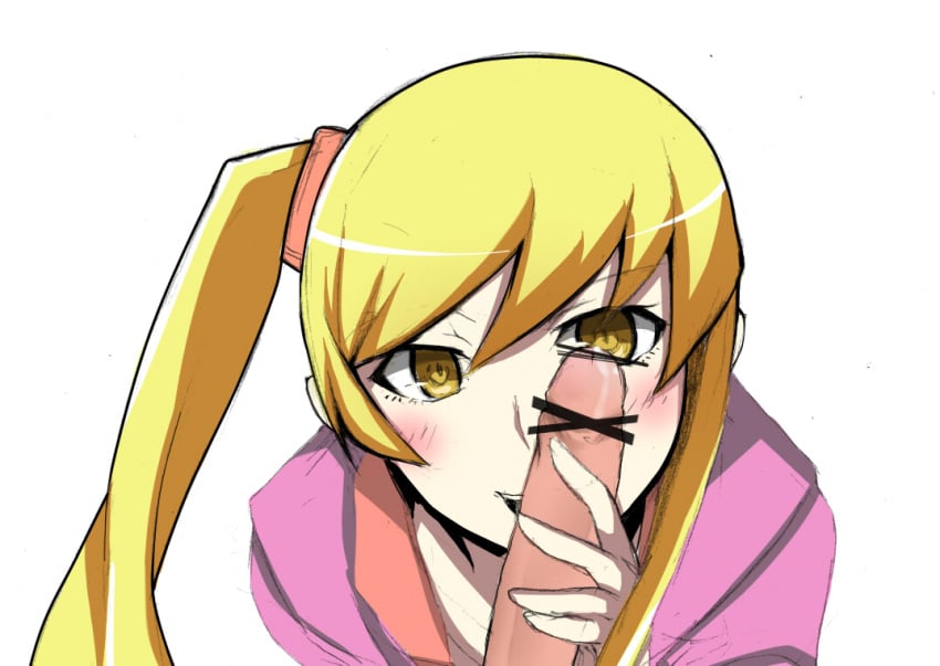 bakemonogatari blush female kiss-shot_acerola-orion_heart-under-blade masturbation monogatari_(series) oshino_shinobu penis penis_grab ponytail tagme vampire yellow_eyes