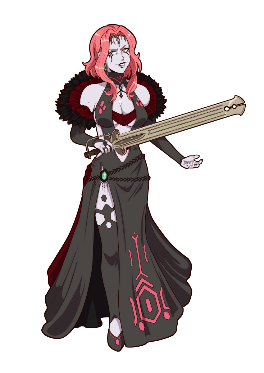 1girls bare_shoulders black_dress breasts card_queen center_opening cleavage cleobulus_(fire_emblem) coral_pink_hair courtesan dress earrings female female_only fire_emblem fire_emblem:_three_houses frills front_view full_body gem_(melangerine) green_eyes grin holding_sword holding_weapon large_breasts long_dress looking_at_viewer nintendo off_shoulder ornate_sword pink_hair red_hair short_hair side_slit sideboob smile solo standing sword underboob vintage_clothing weapon white_background