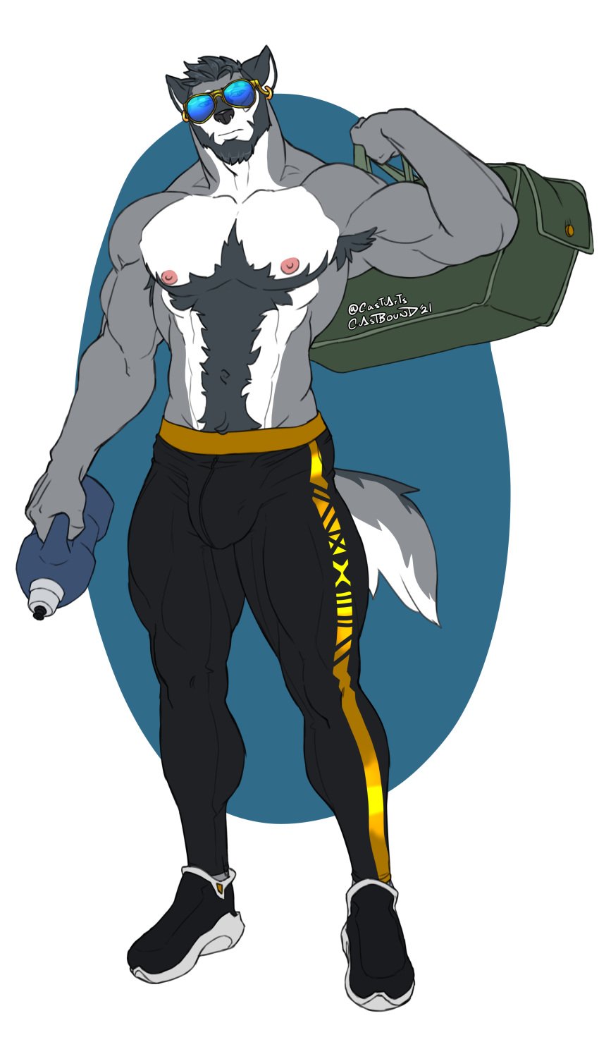 1boy anthro anthro_only barazoku big_bulge bulge canid canine canis castbound clothing fur furry gay huge_bulge male male_focus male_nipples male_only mammal manly muscular_anthro nipples solo solo_male tight_clothing