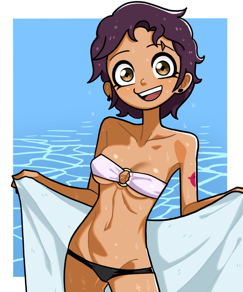 1girls 2d 2d_(artwork) border breasts brown_eyes brown_hair cowboy_shot dark-skinned_female dark_skin disney female holding_towel luz_noceda n___k___m o_ring open_mouth red_tattoo scar scar_on_face skinny skinny_girl small_breasts smile solo tattoo tattoo_on_arm tattooed_arm teeth teeth_showing the_owl_house the_owl_house_(finale) tongue tongue_showing towel tube_top water_background water_drop wet wet_body wet_bra wet_clothes wet_clothing wet_hair wet_panties wet_skin white_border white_tube_top