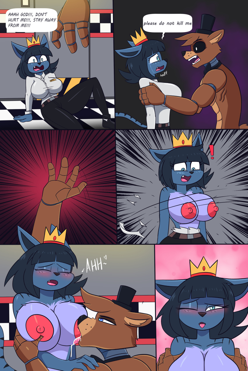 absurd_res anthro assisted_exposure bear breastfeeding breastmilk breasts clothed clothing comic crown dialogue domestic_cat duo felid feline felis female five_nights_at_freddy's freddy_(fnaf) fully_clothed_to_topless headgear hi_res male male/female mammal panicking questionable_consent scared suckling toonsxxx topless torn_clothing