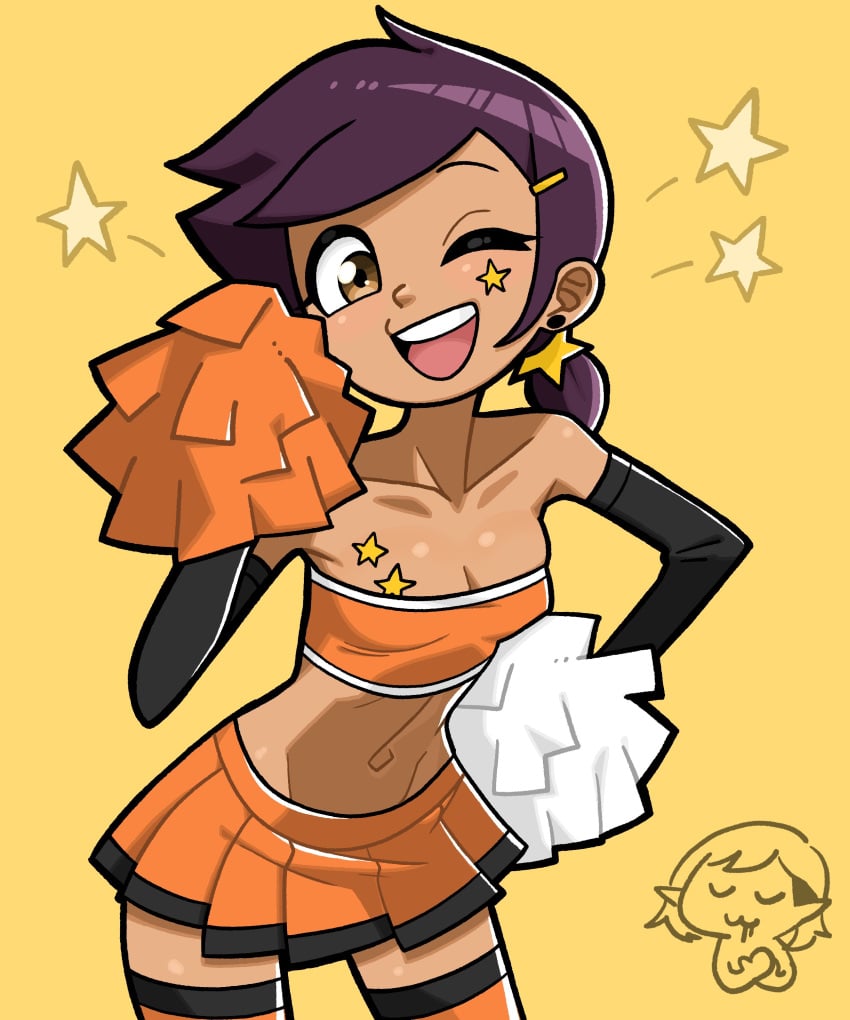 2d 2d_(artwork) 2girls amity_blight brown_eyes brown_hair character_in_background cheerleader cheerleader_outfit cheerleader_uniform closed_eyes dark-skinned_female dark_skin disney drool drooling female female_only light_orange_background luz_noceda n___k___m one_eye_closed open_mouth orange_background pom_poms simple_face skirt small_breasts smile smiling smiling_at_viewer solo_focus star star_(symbol) stars sticker sticker_on_body sticker_on_face stickers stickers_on_body straight_hair teeth teeth_showing the_owl_house tongue tongue_showing wink