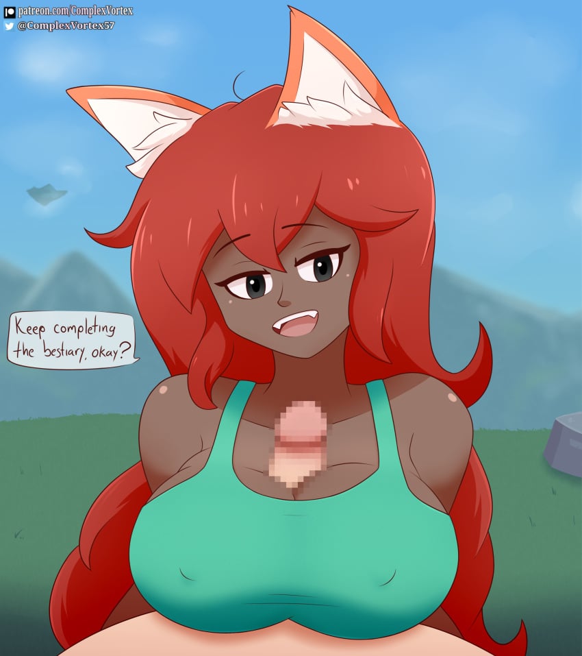 big_breasts boobjob breasts breasts censored censored_penis complex_vortex dark-skinned_female dark_skin furry hi_res huge_breasts paizuri penis red_hair terraria titjob video_games zoologist_(terraria)