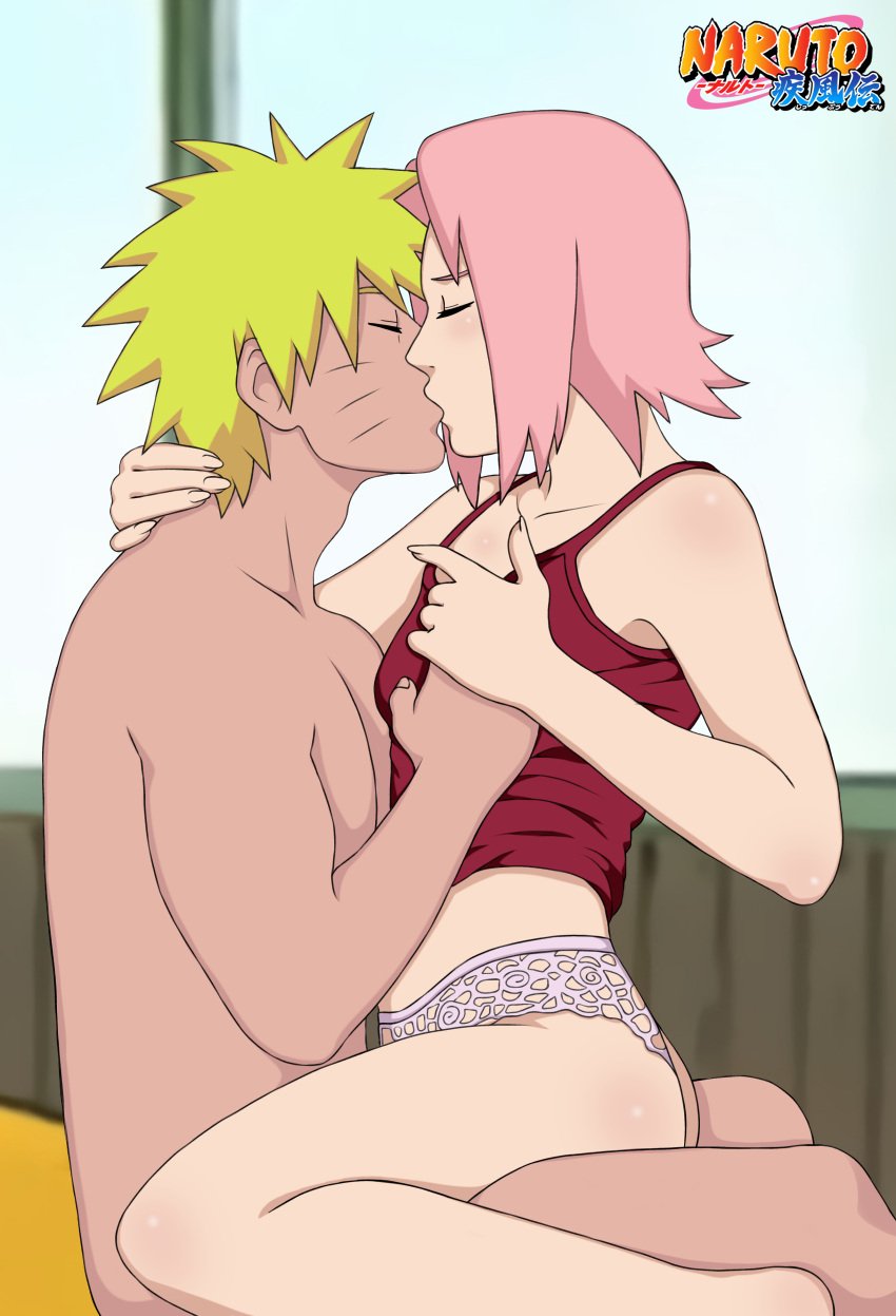 1boy 1girls barefoot blush bottomless bottomless_female breast_grab breasts closed_eyes clothed_female_nude_male couple feet imminent_kiss implied_sex indoors jack_.mery lingerie lingerie_panties long_hair male/female naruto naruto_(series) naruto_shippuden necklace panties partially_clothed pink_hair romantic romantic_couple sakura_haruno shirtless shirtless_(male) short_hair sitting sitting_on_bed sitting_on_lap sitting_on_person smile straddling straight tank_top touching_face underwear uzumaki_naruto waist_grab watermark yellow_hair