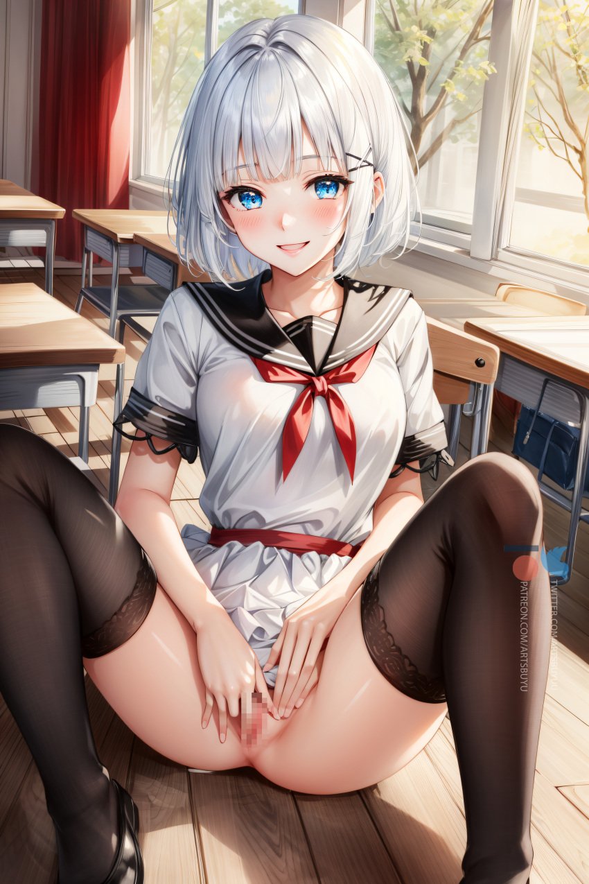 1girls ai_generated ai_hands artsbuyu bangs blue_eyes blush censored covering_crotch embarrassed fingering fingering_self hair_between_eyes hair_ornament hi_res legwear looking_at_viewer masturbation medium_breasts mosaic_censoring open_mouth pussy school_uniform short_hair sidelocks siesta siesta_(tantei_wa_mou_shindeiru) smile spread_legs stable_diffusion stockings tantei_wa_mou_shindeiru thighhighs white_hair