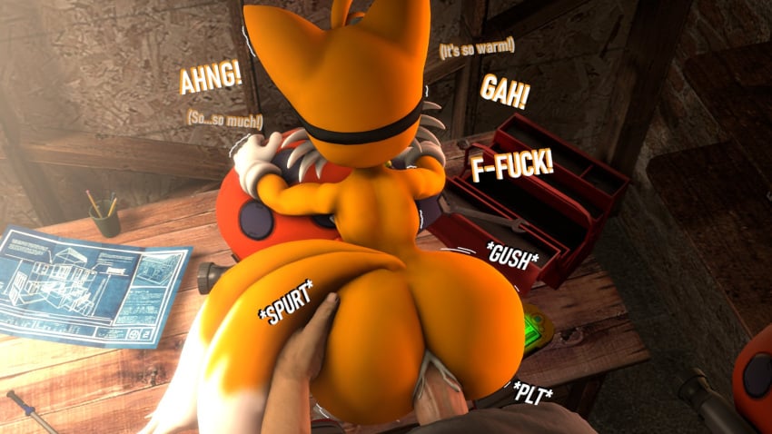 3d 3d_(artwork) anal anal_sex anthro ass big_butt bodily_fluids canid canine cum cum_in_ass cum_inside dipstick_tail doggy_style duo femboy fox from_behind_position gay gay_sex genital_fluids hi_res human human_on_anthro interspecies male male/male mammal markings penetration sega sex sonic_(series) sonic_the_hedgehog_(series) tail tail_markings tails tails_the_fox uncle_aiden yellow_body