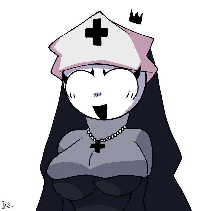 1girls alien black_crown black_mouth cross cross_necklace derp_eyes floating_crown necklace nun nun_hat nun_outfit tagme white_background white_skin