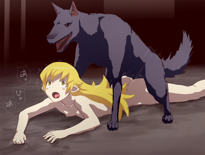 1girls ass bakemonogatari bestiality blonde_hair canine dog human_on_feral interspecies monogatari_(series) nipples oshino_shinobu questionable_consent sex small_breasts vampire zoophilia