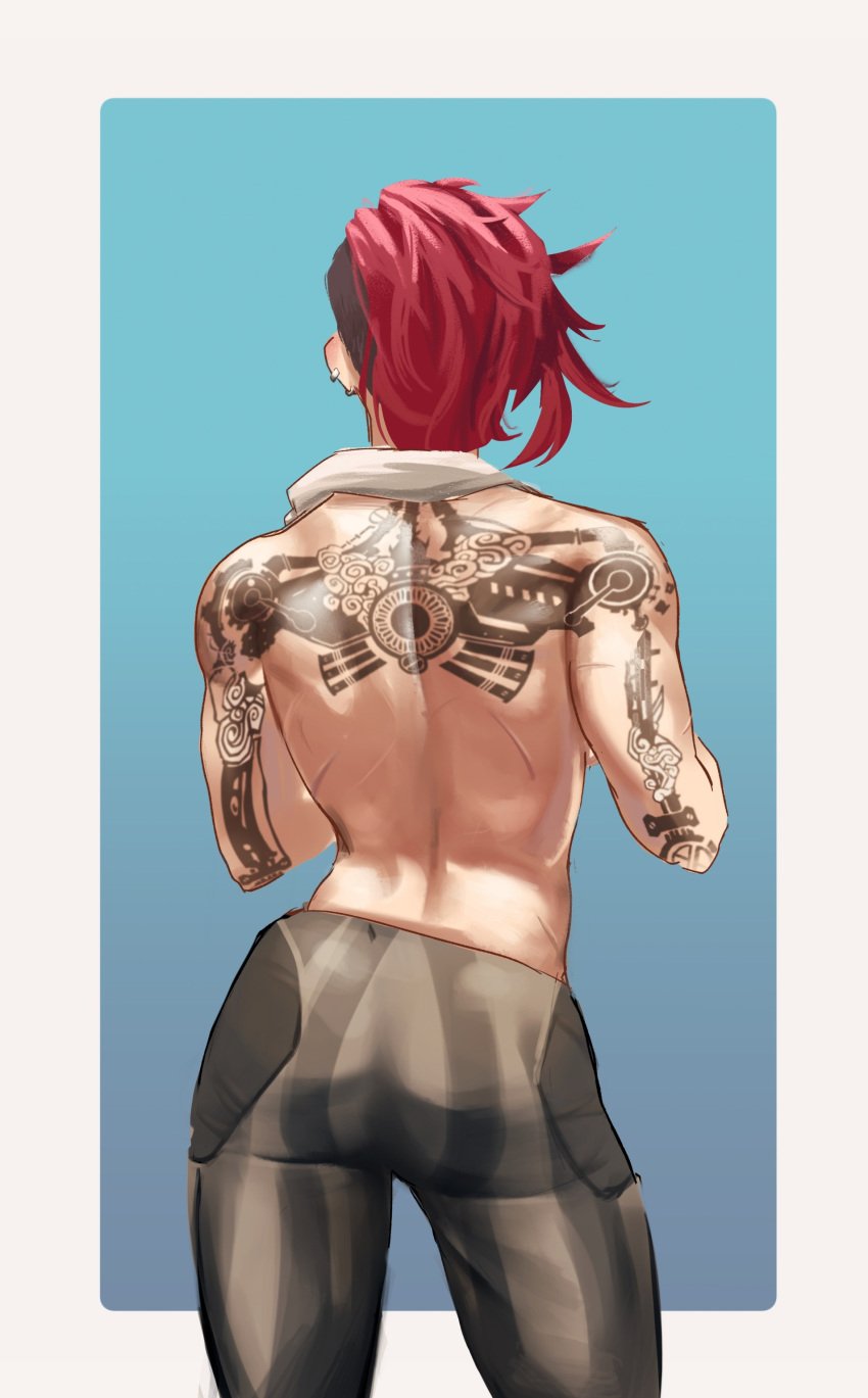 arcane arcane_vi back_view butt female league_of_legends riot_games shirtless tattoos vi vi_(league_of_legends)