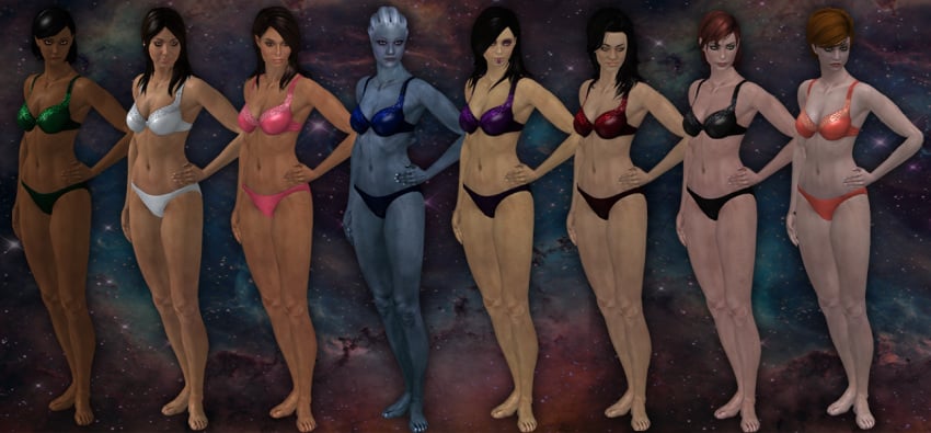 3d 3d_(artwork) 6+girls 8girls alien_girl asari ashley_williams bra commander_shepard diana_allers female female_only femshep hatofass human kasumi_goto kelly_chambers liara_t'soni lineup lingerie mass_effect mass_effect_2 mass_effect_3 miranda_lawson multiple_girls panties pose samantha_traynor take_your_pick