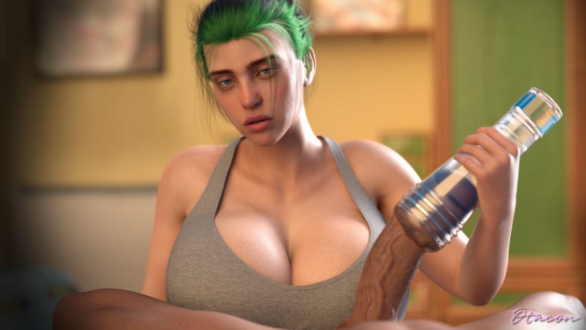 1boy 1girls 3d 3d_(artwork) 3d_model alternate_breast_size big_breasts big_penis billie_eilish breasts celebrity cleavage clothed_female_nude_male egirl eye_contact green_hair handjob_w/sex_toy handjob_with_sex_toy hispanic_male huge_breasts imminent_oral imminent_sex large_breasts latino_male looking_at_viewer male_penetrating male_penetrating_sex_toy onahole otacon212 partial_male penis pocket_pussy ponytail real_person sex_toy tank_top teen_boy veiny_penis