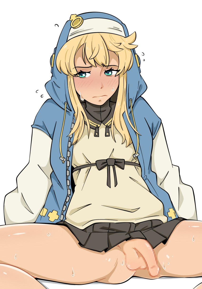 1girl blonde_hair blue_clothing blue_eyes blue_hoodie blush bridget censored cock embarrassed female_focus flaccid_penis guilty_gear guilty_gear_strive legs light-skinned_female looking_away_from_viewer miniskirt otoko_no_ko penis penis_tip plumr18 short_skirt shy skirt skirt_lift solo sweating testicles thighs thrumbo