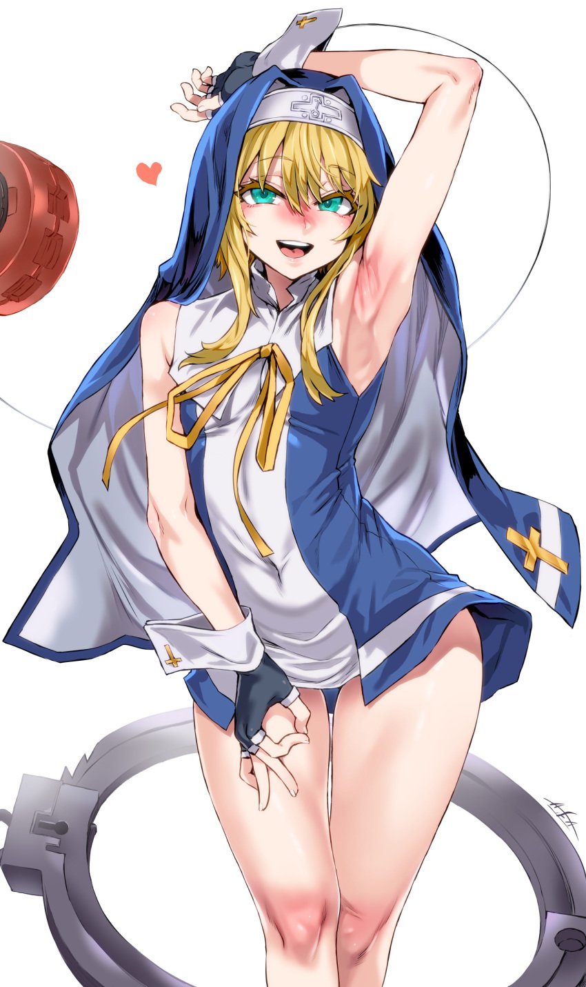 1boy armpit armpit_crease armpit_fetish armpits asanagi bare_arms bare_legs blonde_hair blue_clothes bridget gottem guilty_gear guilty_gear_strive guilty_gear_xrd looking_at_viewer male_only nun nun_outfit ribbons smiling smiling_at_viewer string thick_thighs thighs turquoise_eyes yoyo yoyo_string