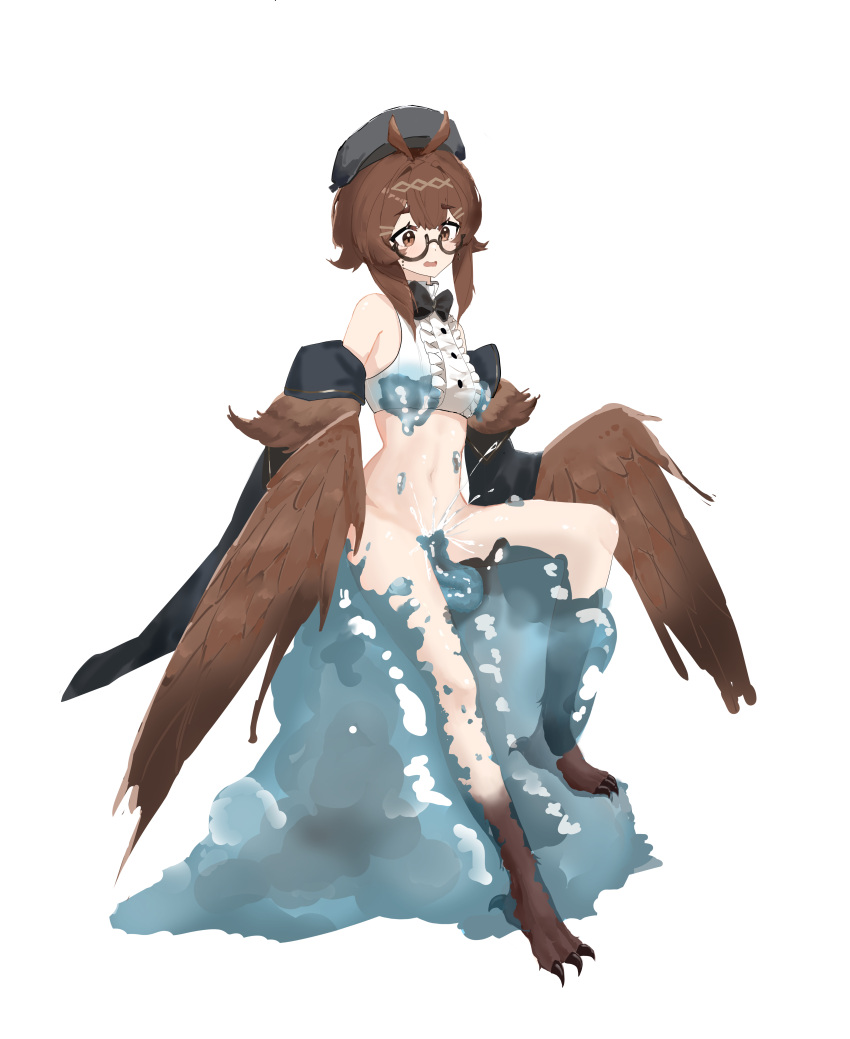 absurdres beret bird_legs blush bottomless brown_eyes brown_feathers brown_hair brown_wings clover_theater crop_top detached_sleeves eyewear_strap feathered_wings feathers female glasses harpy hat highres jacket monster_girl navel norris_(clover_theater) open_mouth pussy_juice semi-rimless_eyewear shirt simple_background sitting sleeveless sleeveless_shirt slime_(creature) slime_sex solo talons user_gayc3272 vaginal_penetration white_background white_shirt winged_arms wings