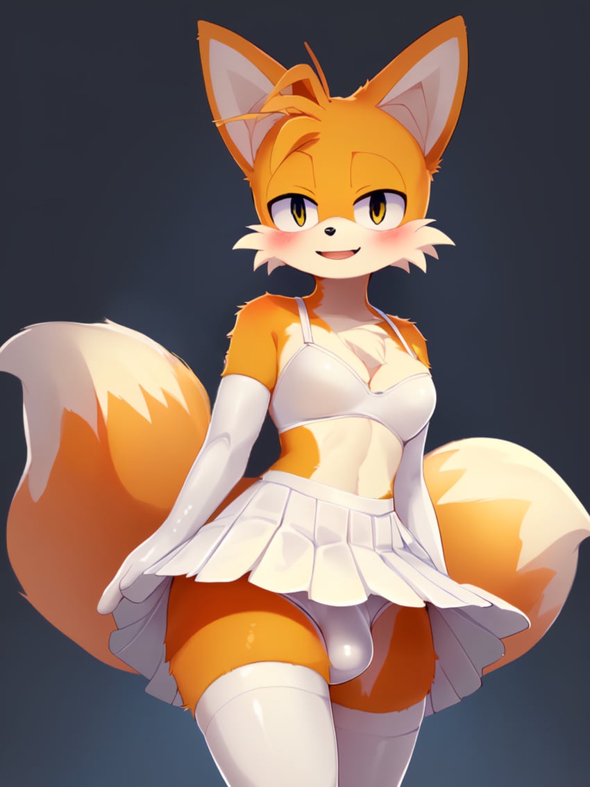 1boy ai_generated anthro armwear bra crossdressing damnblackfox femboy fox fox_boy furry furry_only girly legwear male male_only miles_prower skirt solo sonic_(series) sonic_the_hedgehog_(series) stable_diffusion standing tails tails_the_fox underwear underwear_bulge upskirt white_bra white_panties white_skirt