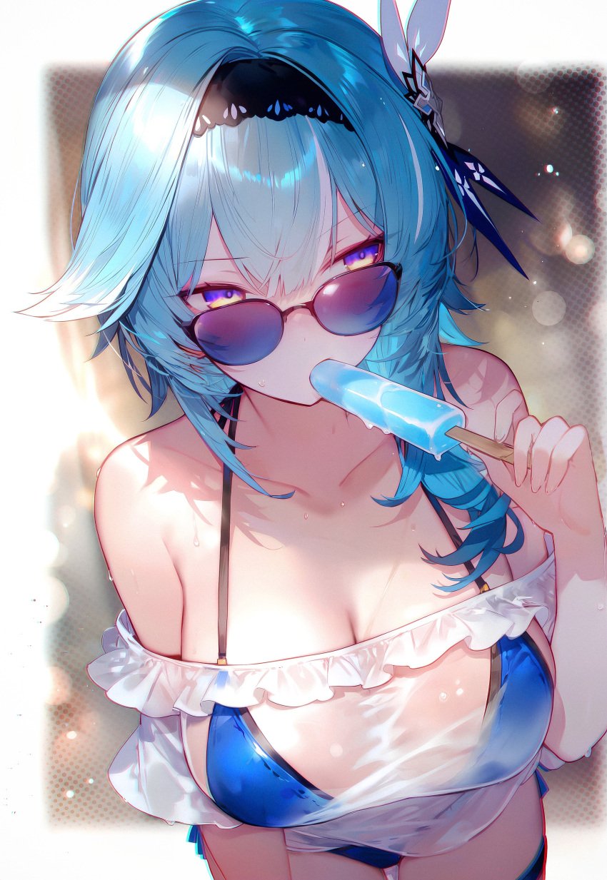 1girls big_breasts bikini blue_eyes blue_hair diffirresponsibly eula_(genshin_impact) female female_focus female_only genshin_impact glasses highres holding_ice_cream hoyoverse ice_cream light-skinned_female light_skin mihoyo popsicle see-through short_hair solo_female sucking sunglasses swimsuit