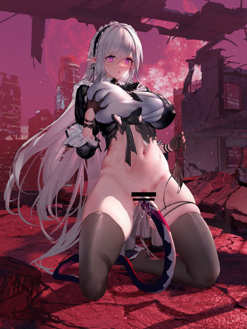 bar_censor black_bow black_dress black_gloves black_hairband black_thighhighs bottomless bow breasts building censored city closed_mouth closers commentary_request covering_crotch covering_privates deep_skin dress female frilled_hairband frills full_moon gloves grabbing_own_breast hair_between_eyes hairband half_gloves highres huge_breasts huge_moon imminent_penetration kneeling large_breasts levia_(closers) long_hair looking_at_viewer moon no_pupils no_shoes outdoors panties pointy_ears post-apocalypse purple_eyes pussy pussy_juice red_moon ruins shirt skindentation sleeves_past_elbows solo surprised swd3e2 tearing_up tentacle tentacle_on_female thigh_strap thighhighs torn_clothes torn_dress underwear unworn_panties vaginal_penetration very_long_hair white_hair white_shirt