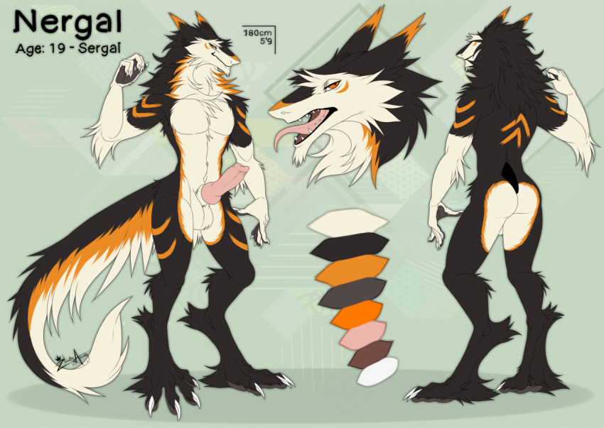 animal_genitalia balls digitigrade genitals hazakyaracely knot male model_sheet neck_tuft nergal_(shuffl3) no_humans open_mouth penis sergal sharp_teeth sheath solo tail tail_tuft teeth tongue tongue_out tuft