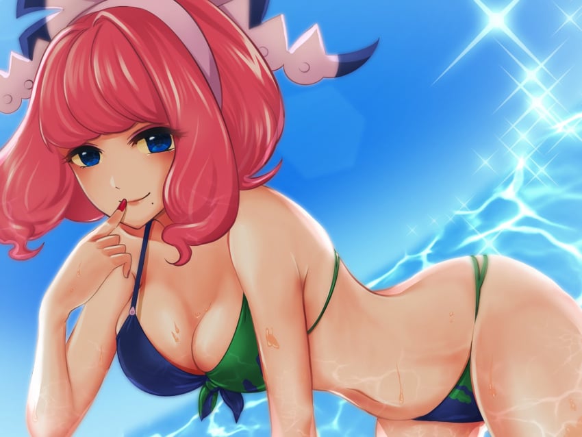 1girls bikini blue_sky breasts cleavage creatures_(company) drill_hair eyeshadow female flipped_hair game_freak green_bikini hairband highres klara_(pokemon) makeup medium_breasts mole mole_under_mouth navel nintendo pink_eyeshadow pink_hair pink_lips pokemon pokemon_ss purple_bikini purple_eyes shaded_face short_hair sky solo swimsuit twin_drills two-tone_bikini water wet white_hairband